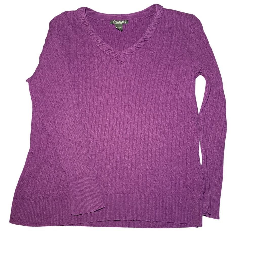 Vintage Eddie Bauer Womens Cable Knit Sweater XXL Ruffle V-Neck Classic Preppy